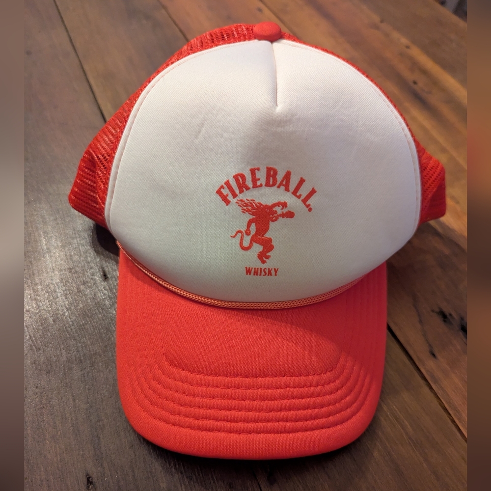 Fireball Whisky Snapback Trucker Hat, Red & White With Mesh‎